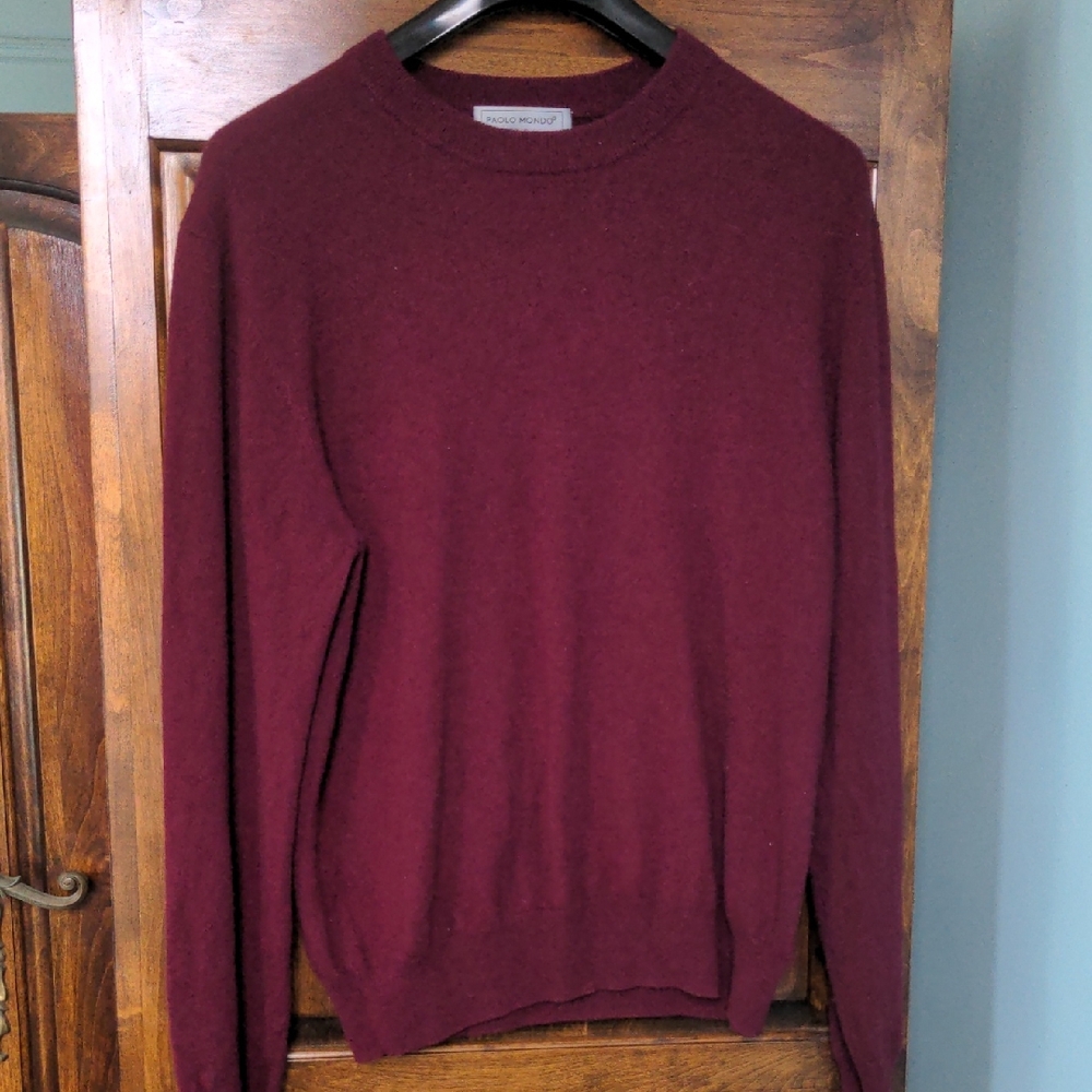 New 100% Cashmere Men's Burgundy Sweater, Size L, Paolo Mondo, Crew neck